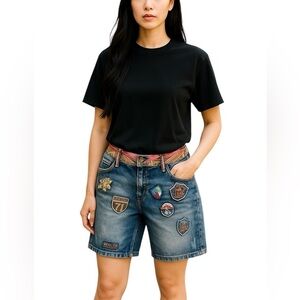JONEAA Artisan-Inspired Embroidered/Patchworks Streetwear Bermuda Jean Shorts 29